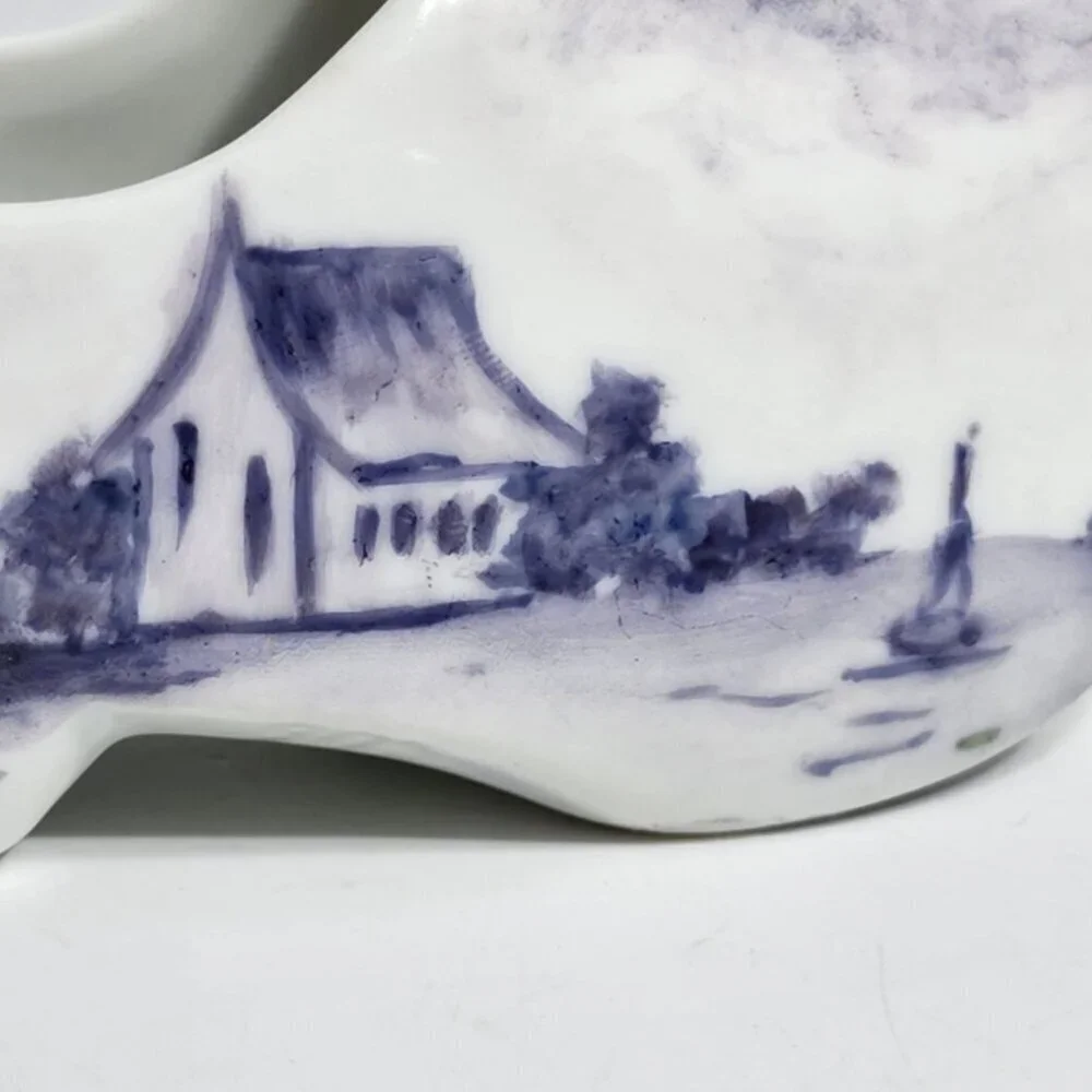 Dutch Ceramic Clog Shoe Figurine Hand Painted Blue & White Windmill